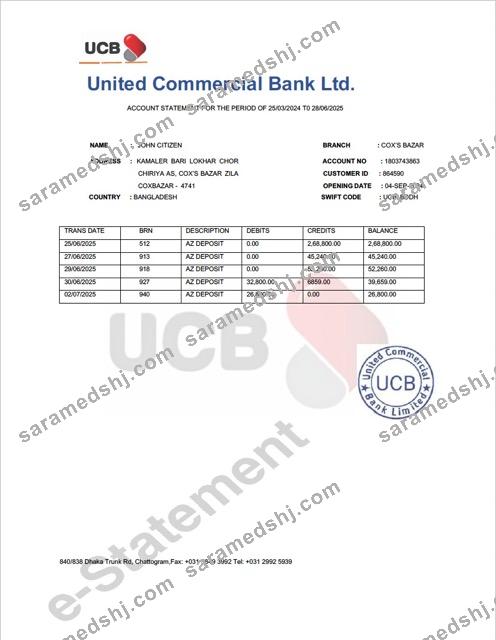 Bangladesh United Commercial Bank account statement Word and PDF template